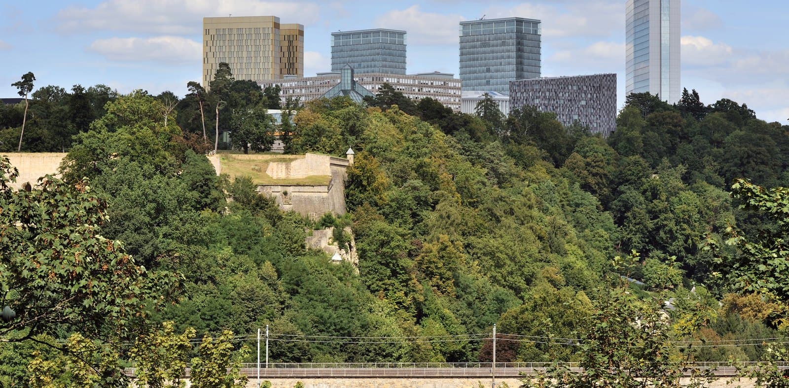 Tours du Kirchberg au-dessus de la forêt, Luxembourg, sous un ciel bleu